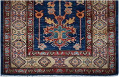 Handmade Afghan Super Kazakh runner rug featuring a blue field with traditional geometric motifs.