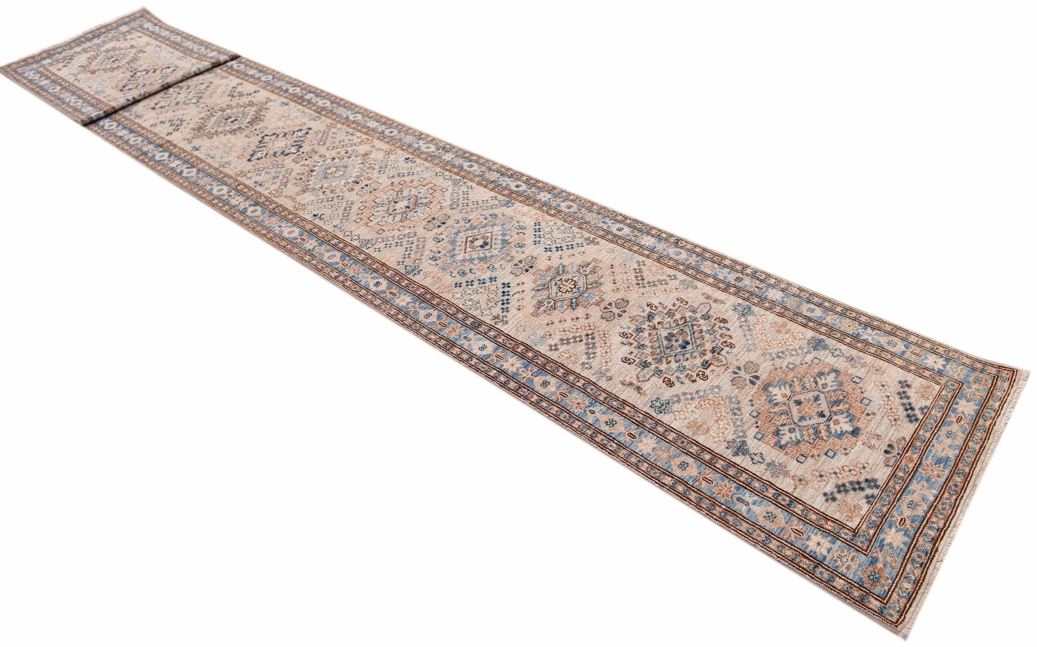 A long, handmade Afghan Super Kazakh runner rug featuring traditional blue and tan geometric motifs.