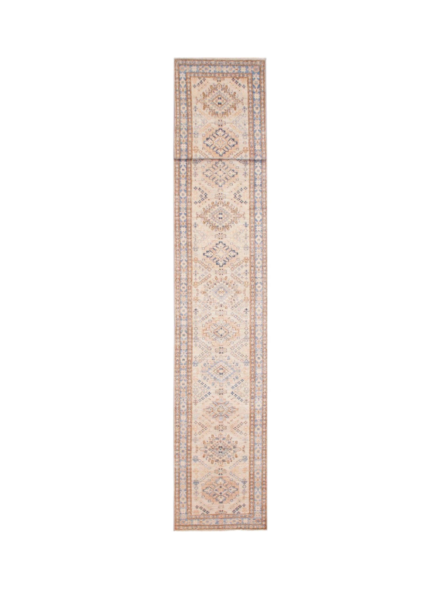 A long, handmade Afghan Super Kazakh runner rug featuring traditional geometric motifs in blue and tan.