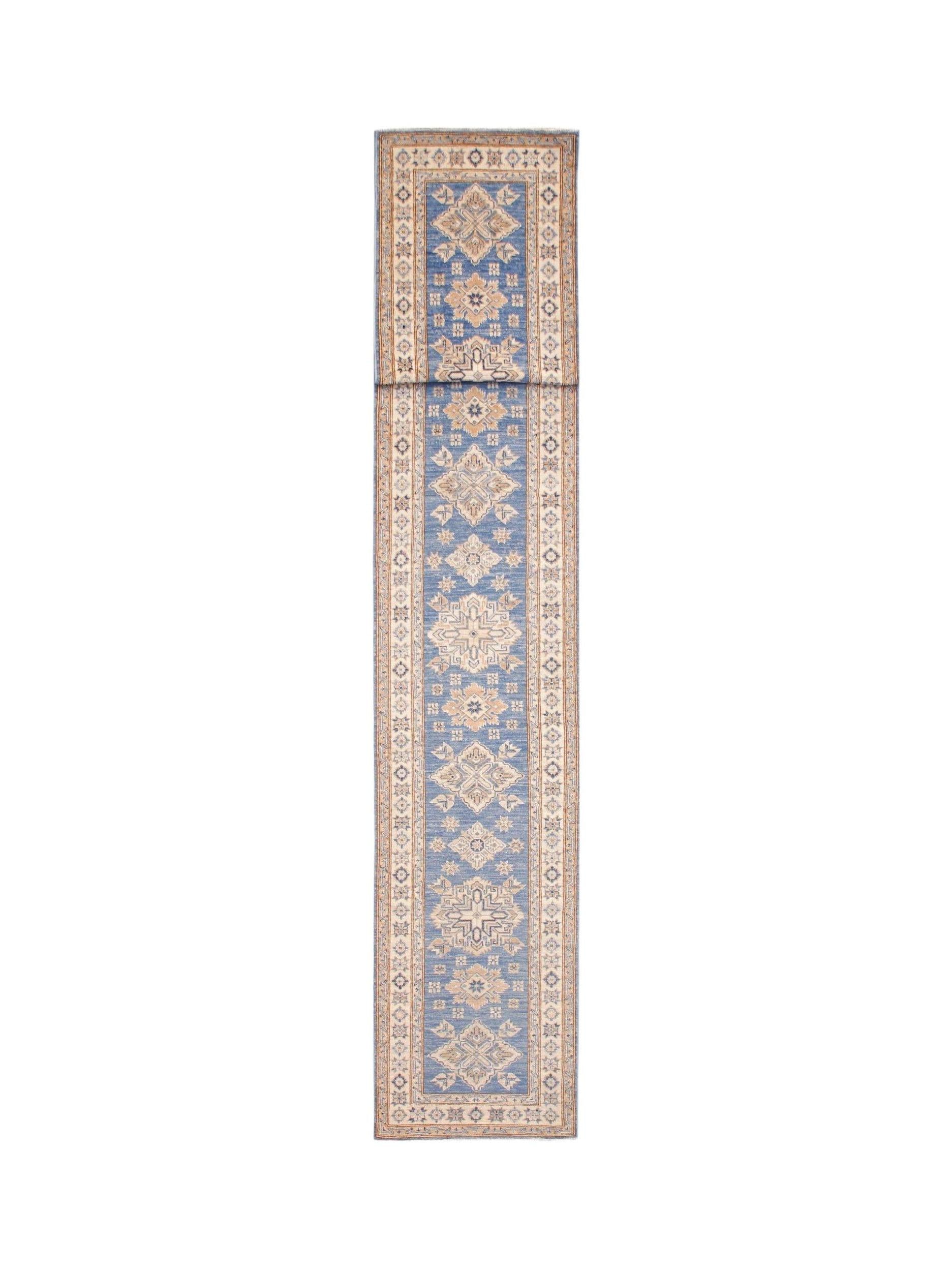 A handmade Afghan Super Kazakh runner rug featuring traditional geometric motifs in blue and beige.