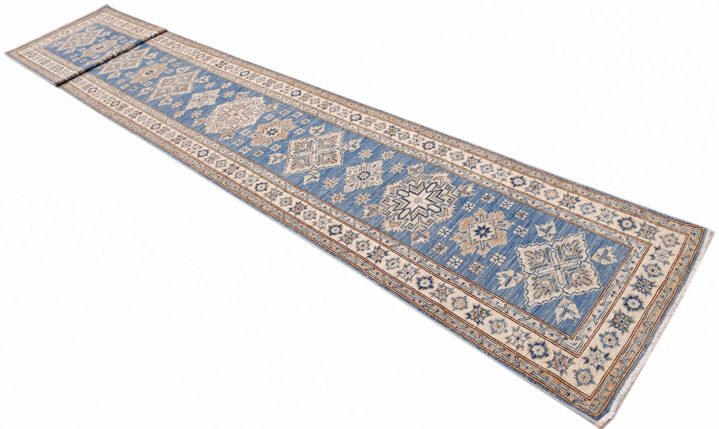 A long, handmade Afghan Super Kazakh runner rug featuring traditional blue and beige geometric motifs.