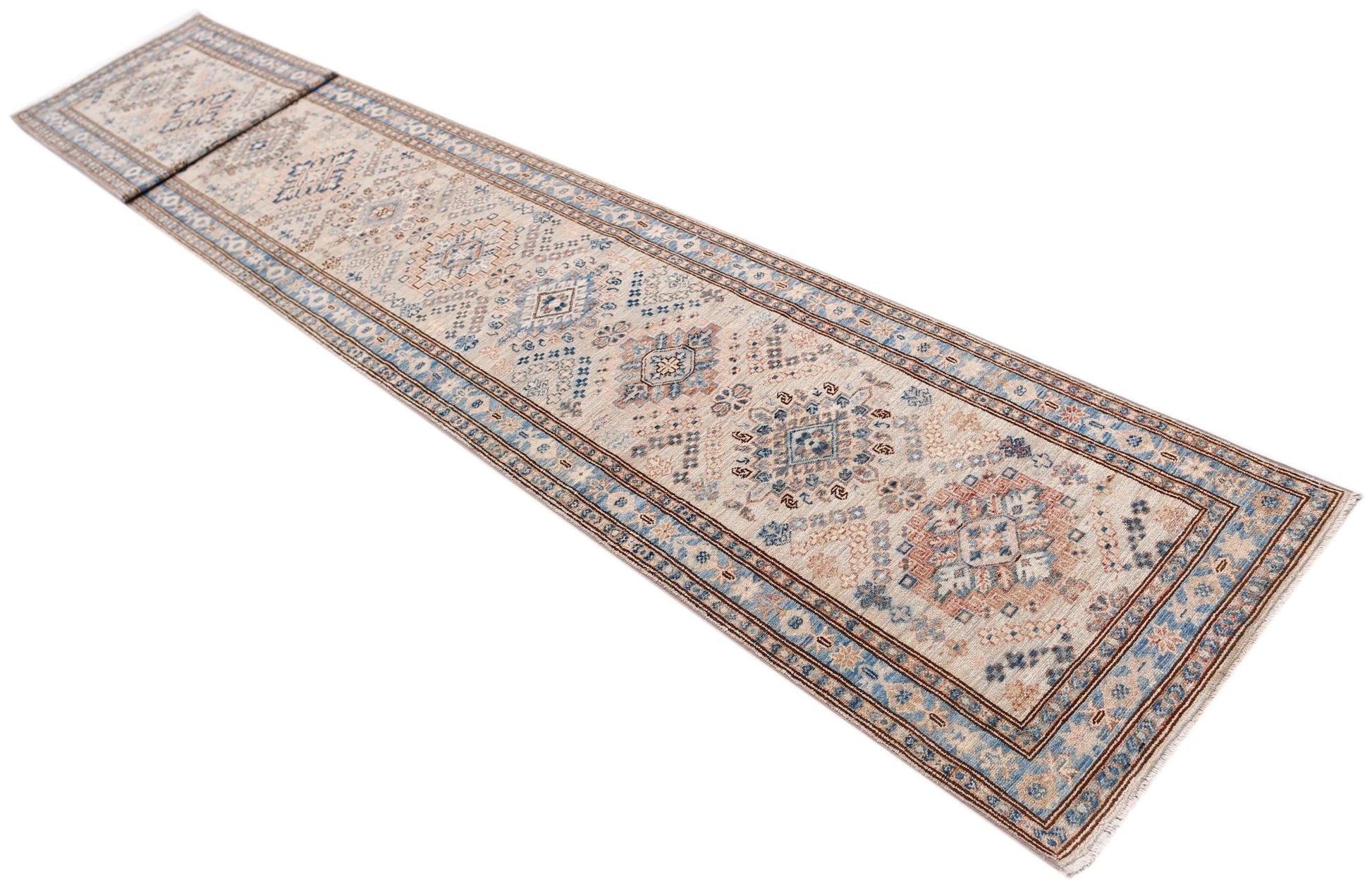 An Afghan Super Kazakh runner rug featuring traditional geometric motifs in blue and beige tones.
