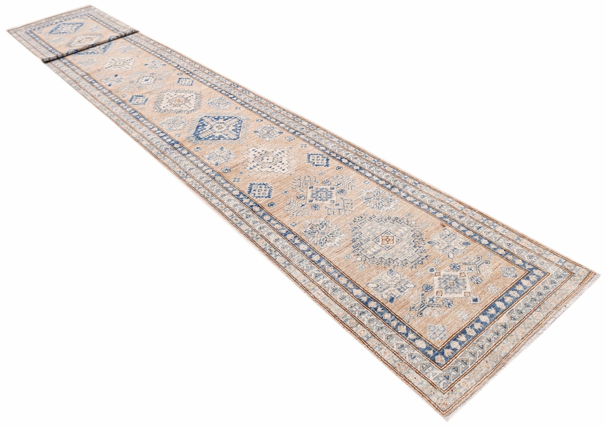 A long, handmade Afghan Super Kazakh runner rug featuring traditional blue and beige geometric motifs.