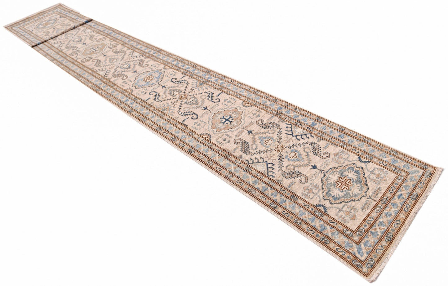 A long, handmade Afghan Super Kazakh runner rug featuring traditional geometric motifs in blue and tan.