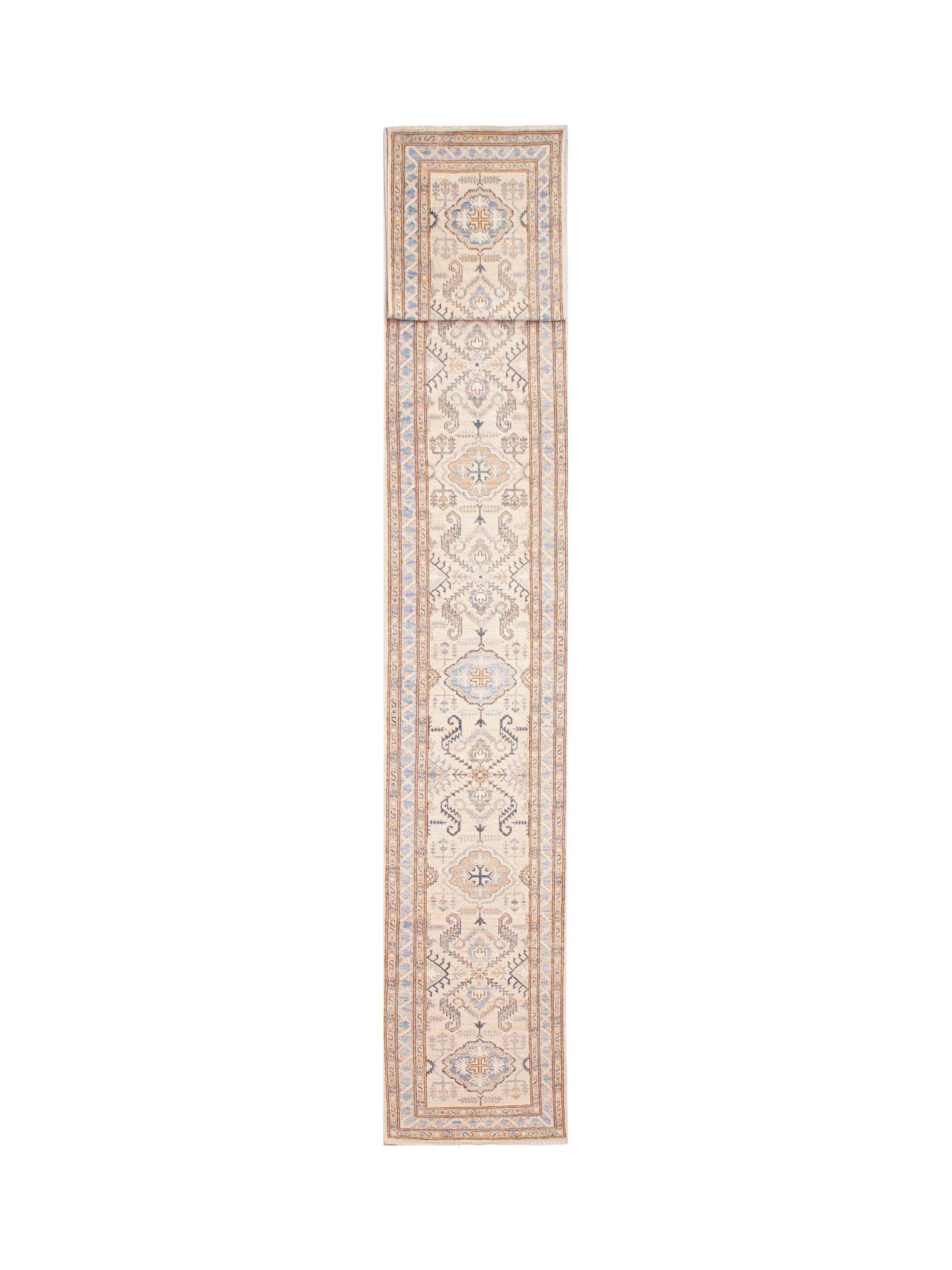 A long, handmade Afghan Super Kazakh runner rug featuring traditional geometric motifs in blue and tan.