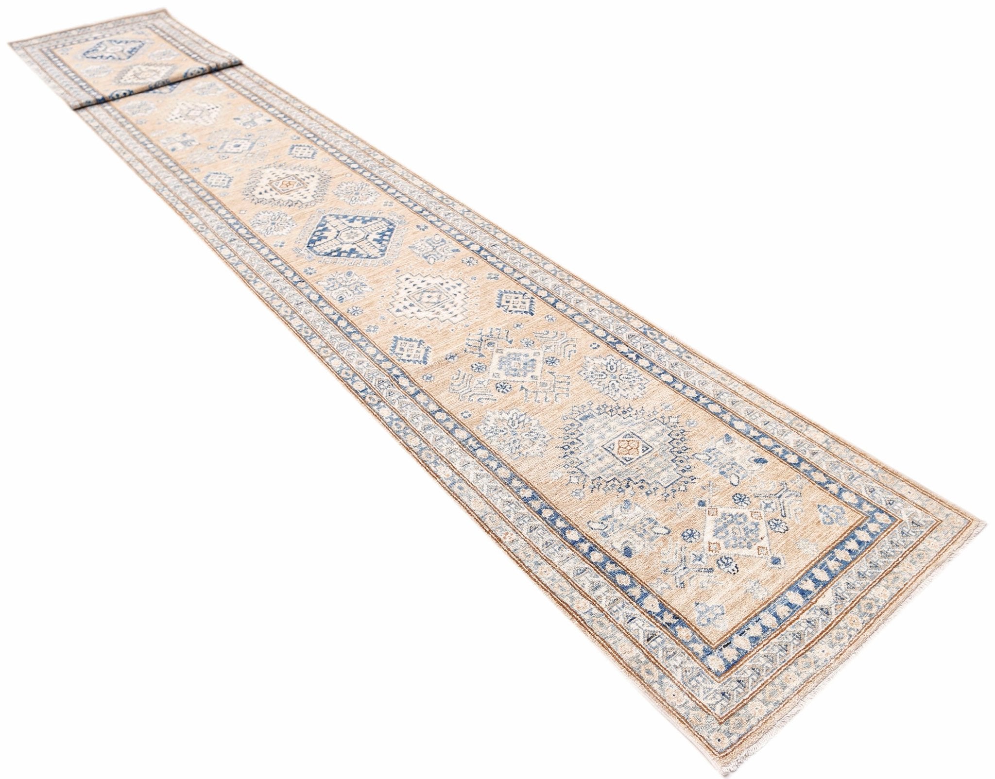 A long, handmade Afghan Super Kazakh runner rug featuring traditional blue and beige geometric motifs.