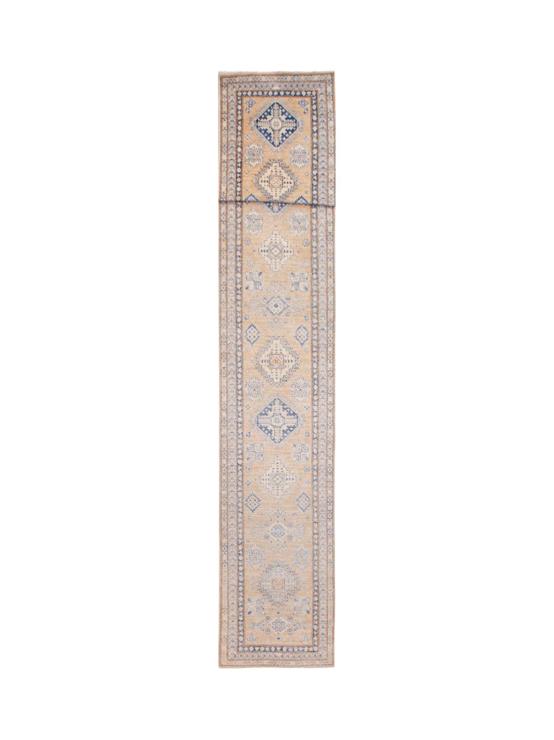 An Afghan Super Kazakh runner rug featuring traditional blue geometric motifs on a tan background.