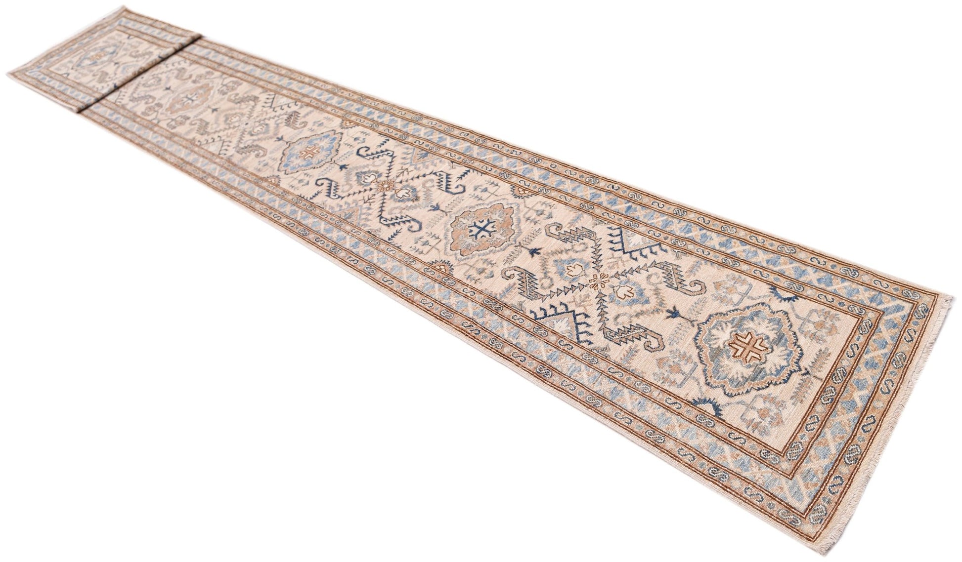 A long, handmade Afghan Super Kazakh runner rug featuring traditional blue and beige geometric motifs.