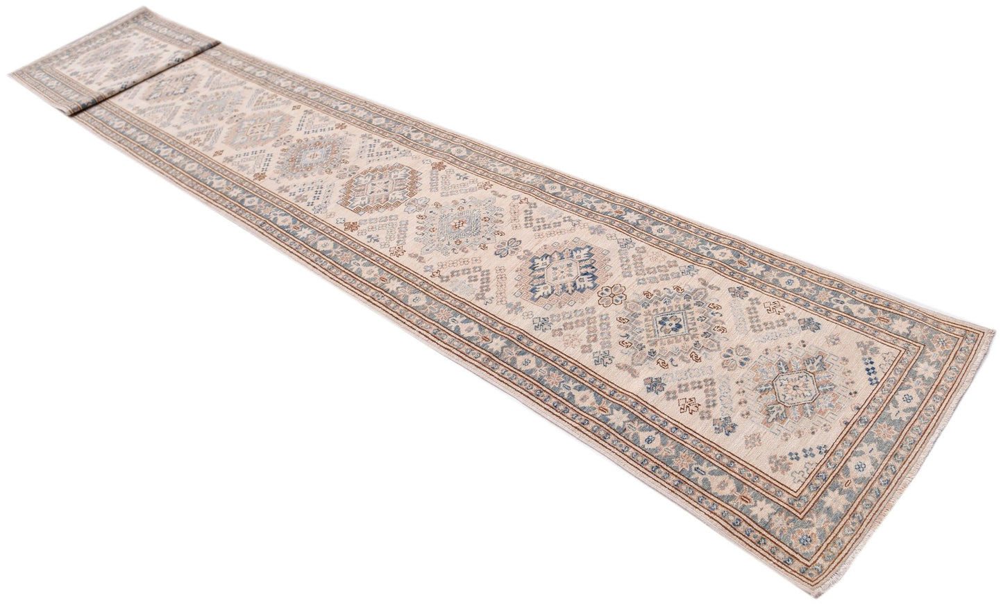 A long, handmade Afghan Super Kazakh runner rug featuring traditional geometric motifs in blue.