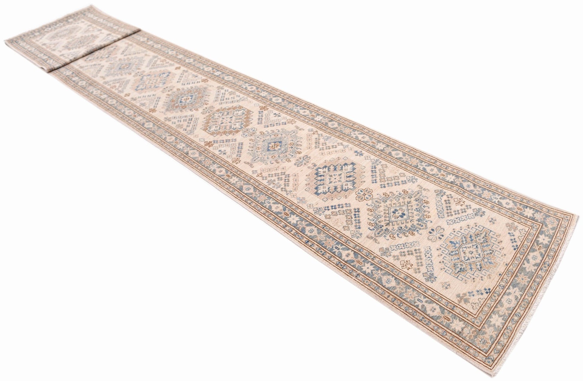 An Afghan Super Kazakh runner rug featuring traditional geometric motifs in blue and beige tones.
