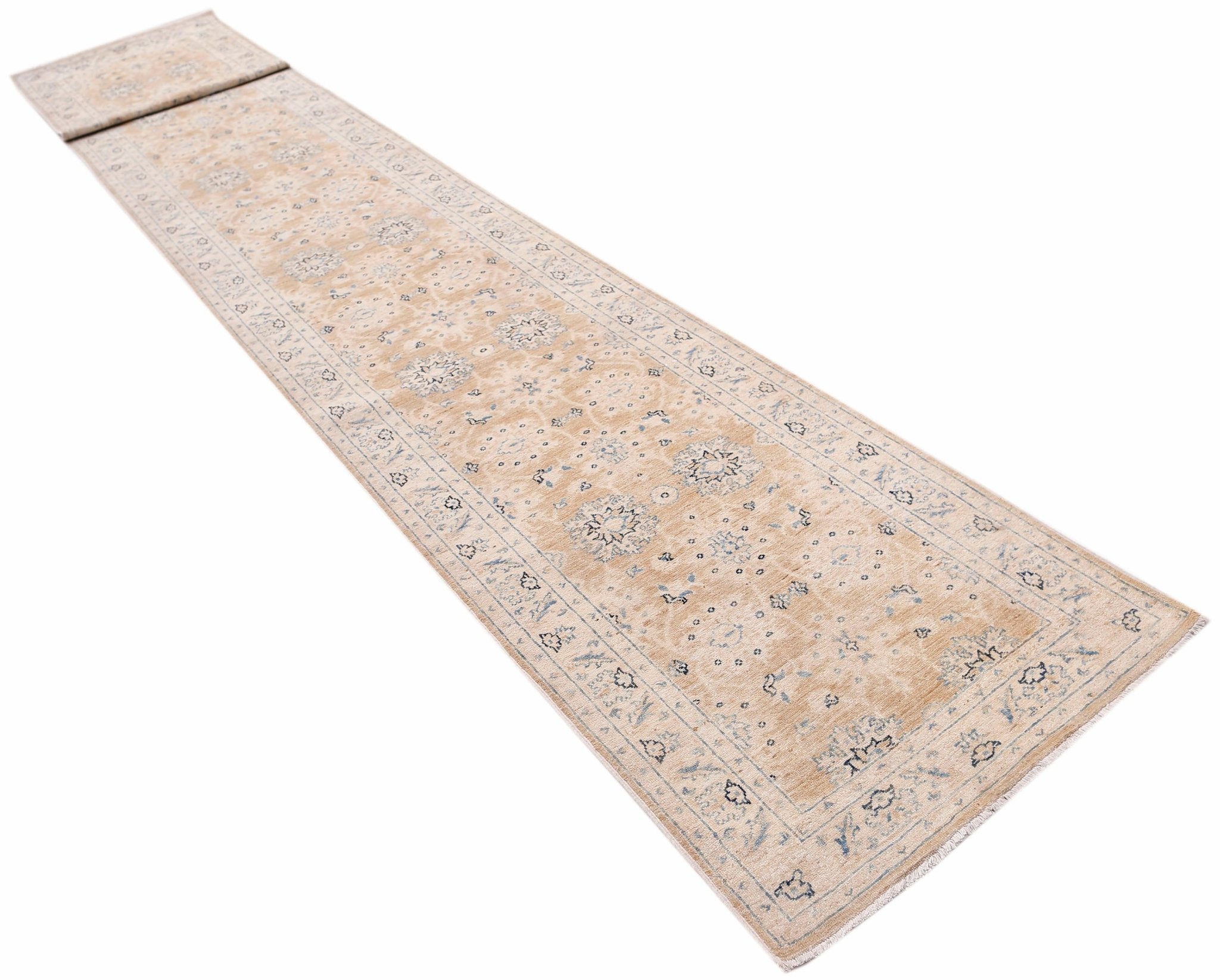 A long, handmade Afghan Super Kazakh runner rug featuring traditional motifs in beige and blue.