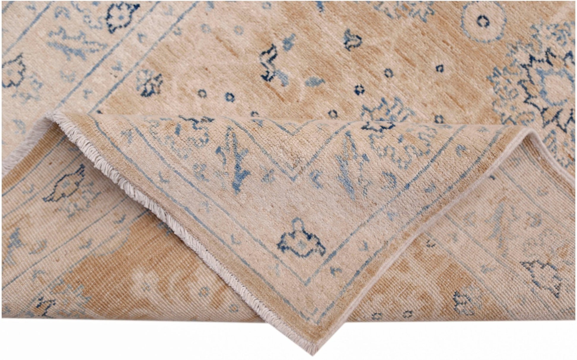 An Afghan Super Kazakh runner rug featuring traditional blue motifs on a beige wool background.