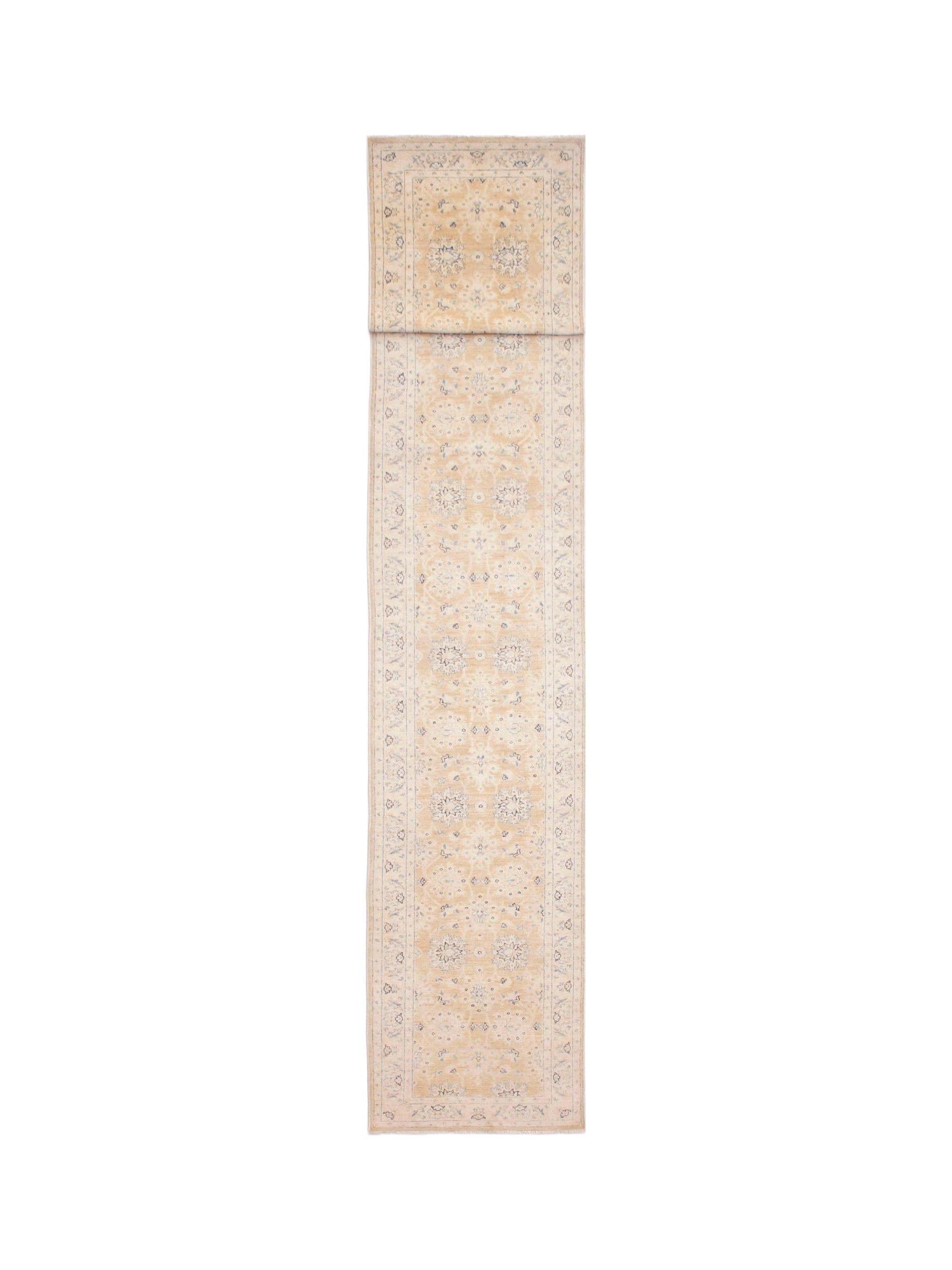 A long, handmade Afghan Super Kazakh runner rug featuring traditional motifs in beige and blue.
