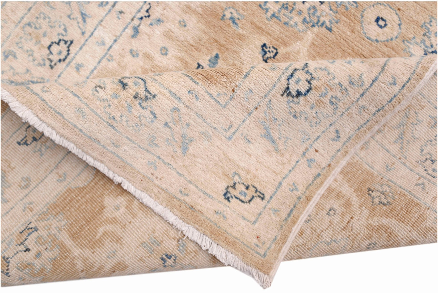 A handmade Afghan Super Kazakh runner featuring traditional blue motifs on a beige wool background.