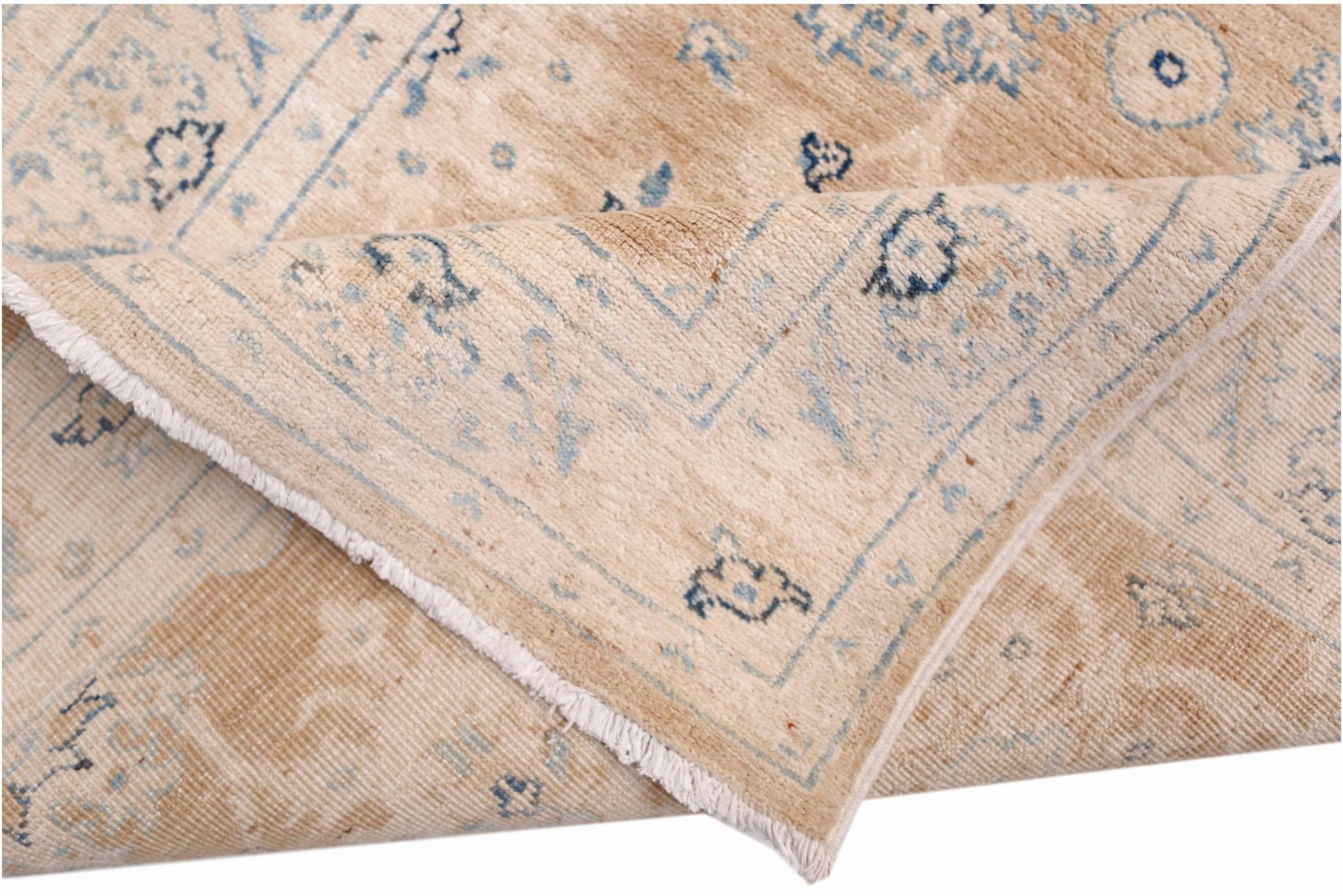A handmade Afghan Super Kazakh runner featuring traditional blue motifs on a beige wool background.