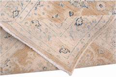 A handmade Afghan Super Kazakh runner featuring traditional blue motifs on a beige wool background.