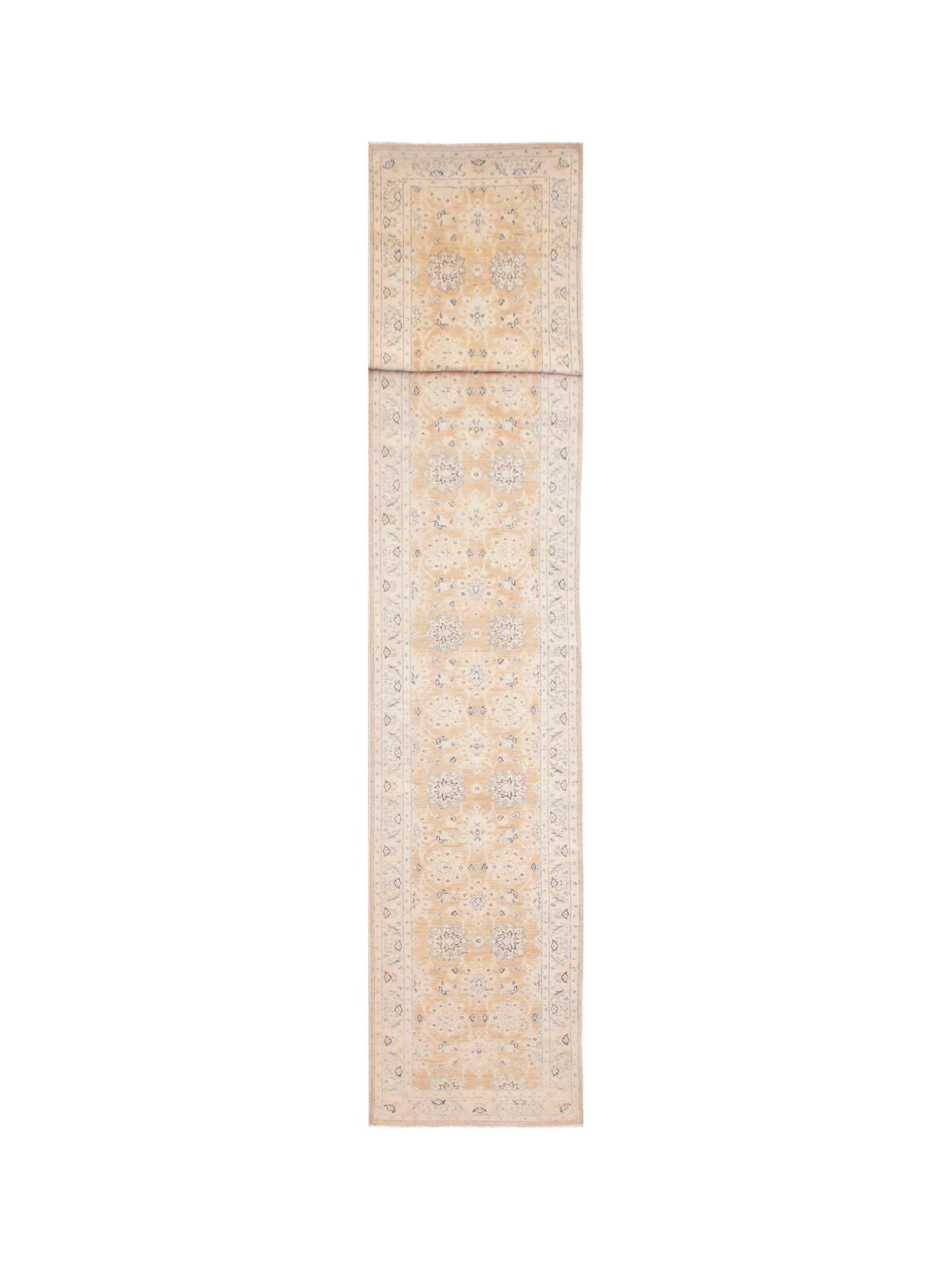 An Afghan Super Kazakh runner rug featuring traditional floral motifs in beige and blue tones.