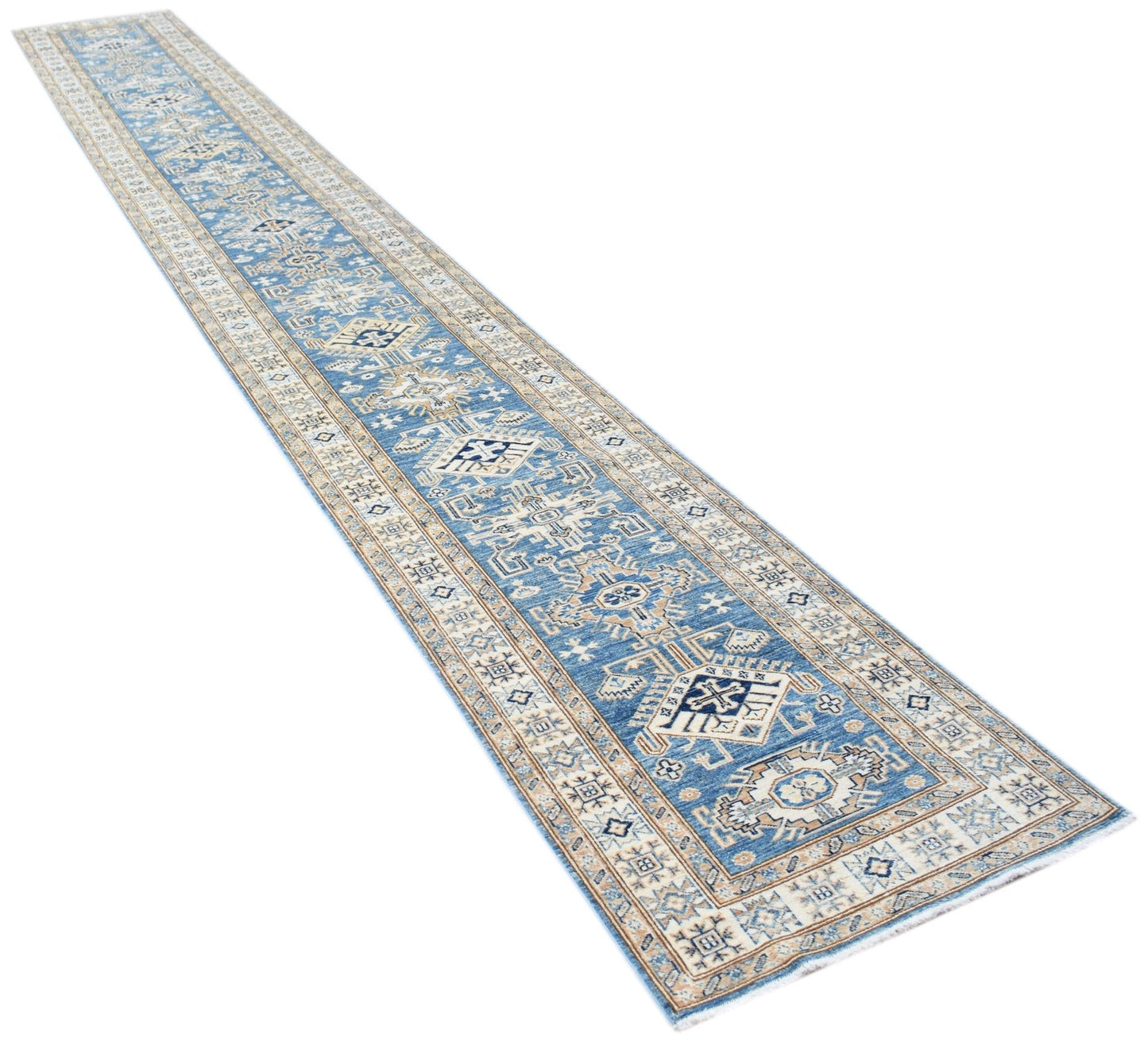 A long, handmade Afghan Super Kazakh runner rug featuring traditional blue and beige geometric motifs.
