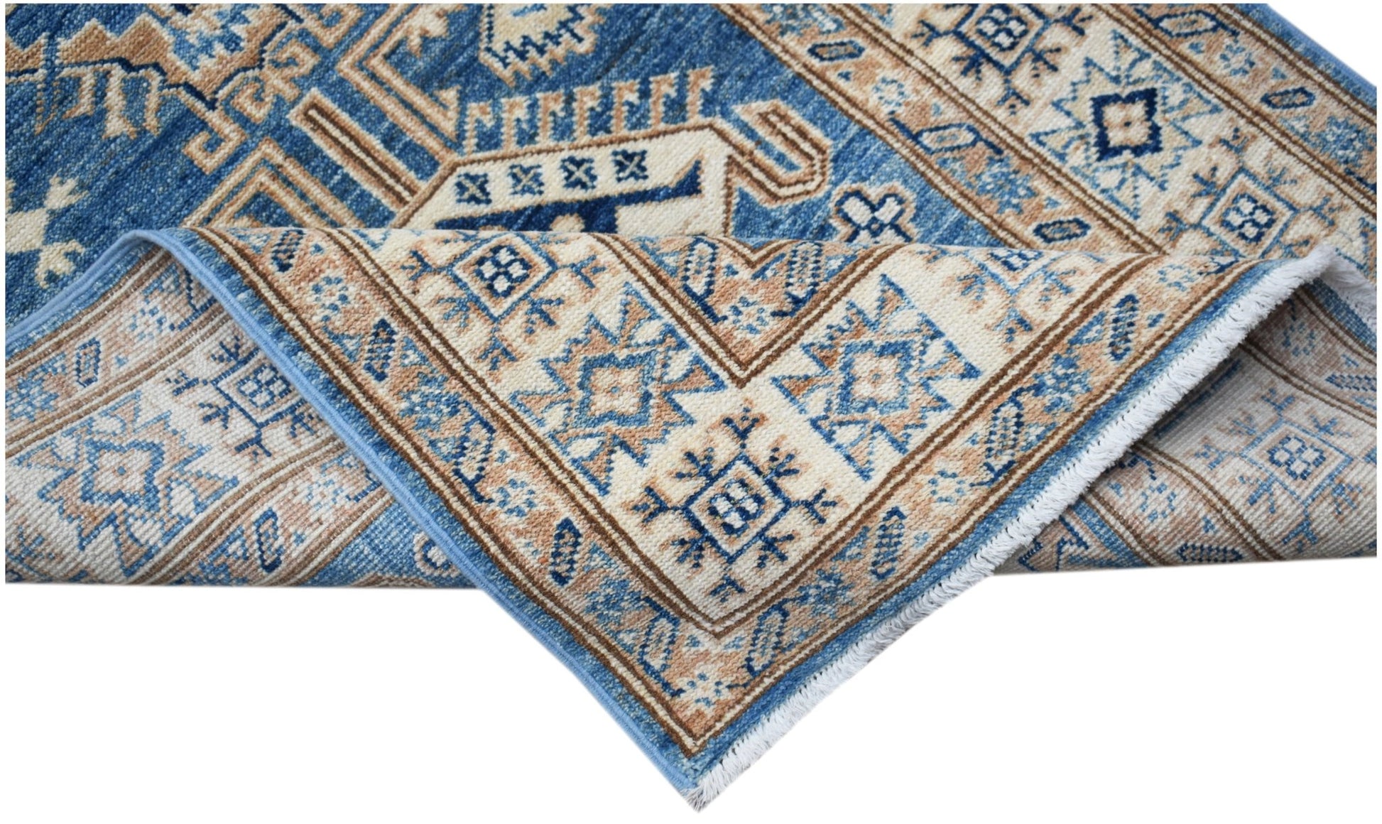 An Afghan Super Kazakh runner rug featuring traditional geometric motifs in blue and beige.