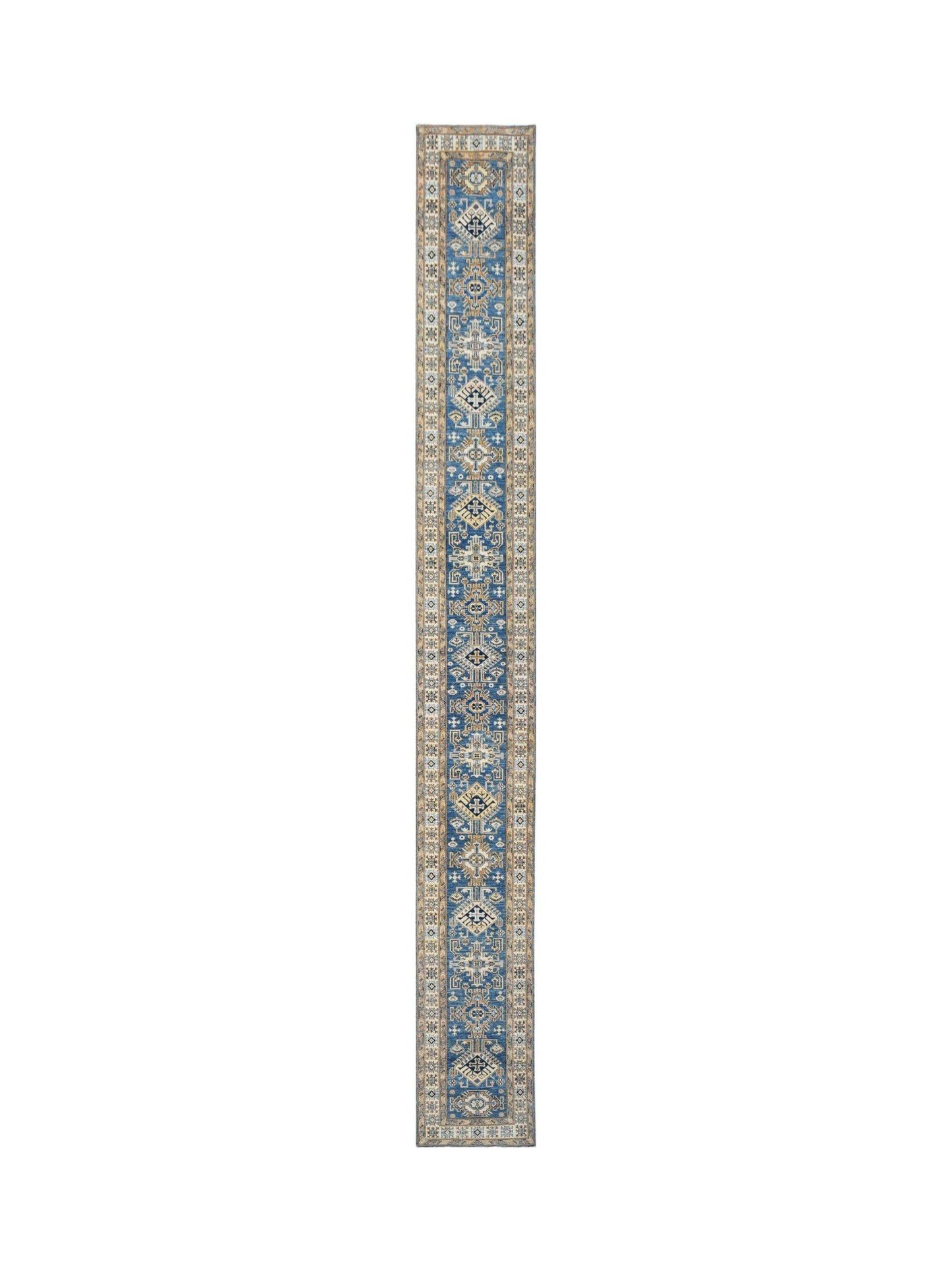 A long, handmade Afghan Super Kazakh runner rug featuring traditional blue and beige geometric motifs.