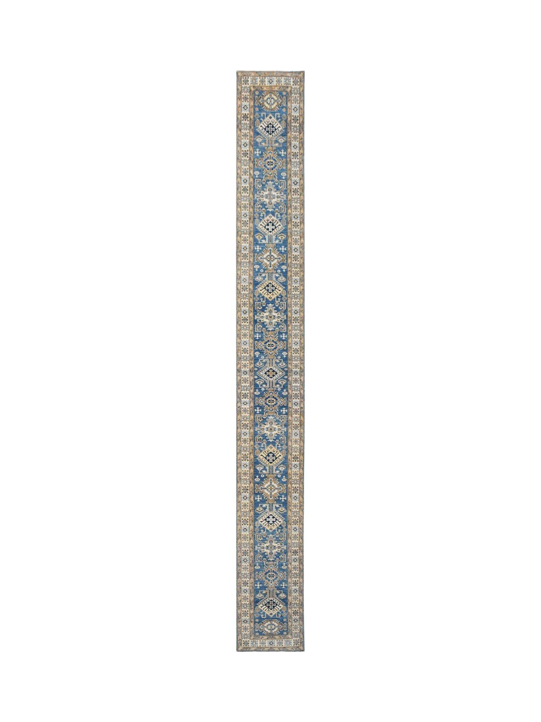 A long, handmade Afghan Super Kazakh runner rug featuring traditional blue and beige geometric motifs.