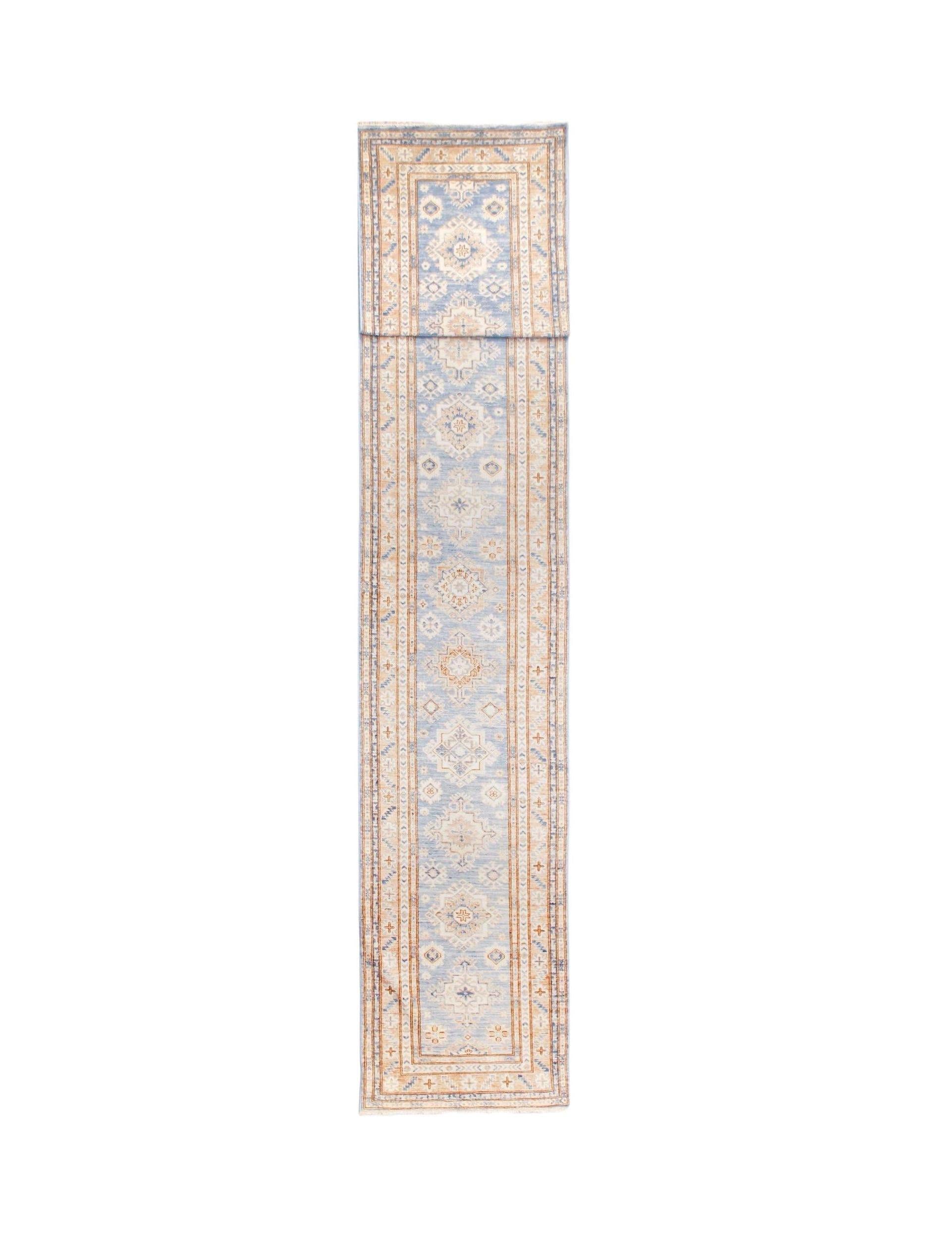 An Afghan Super Kazakh runner rug featuring traditional geometric motifs in blue and beige tones.