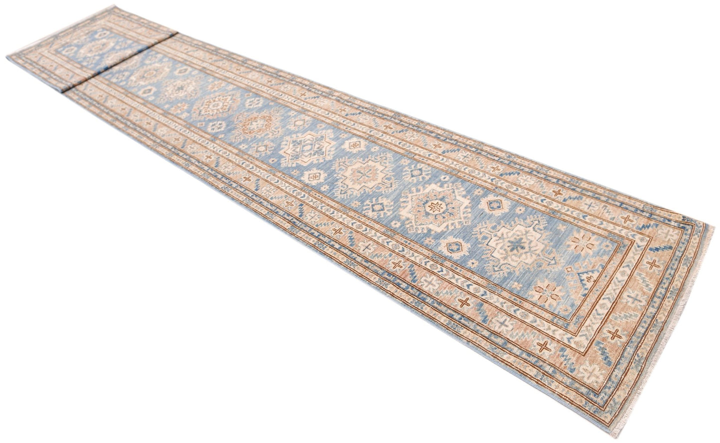 A long, handmade Afghan Super Kazakh runner rug featuring traditional geometric motifs in blue and tan.