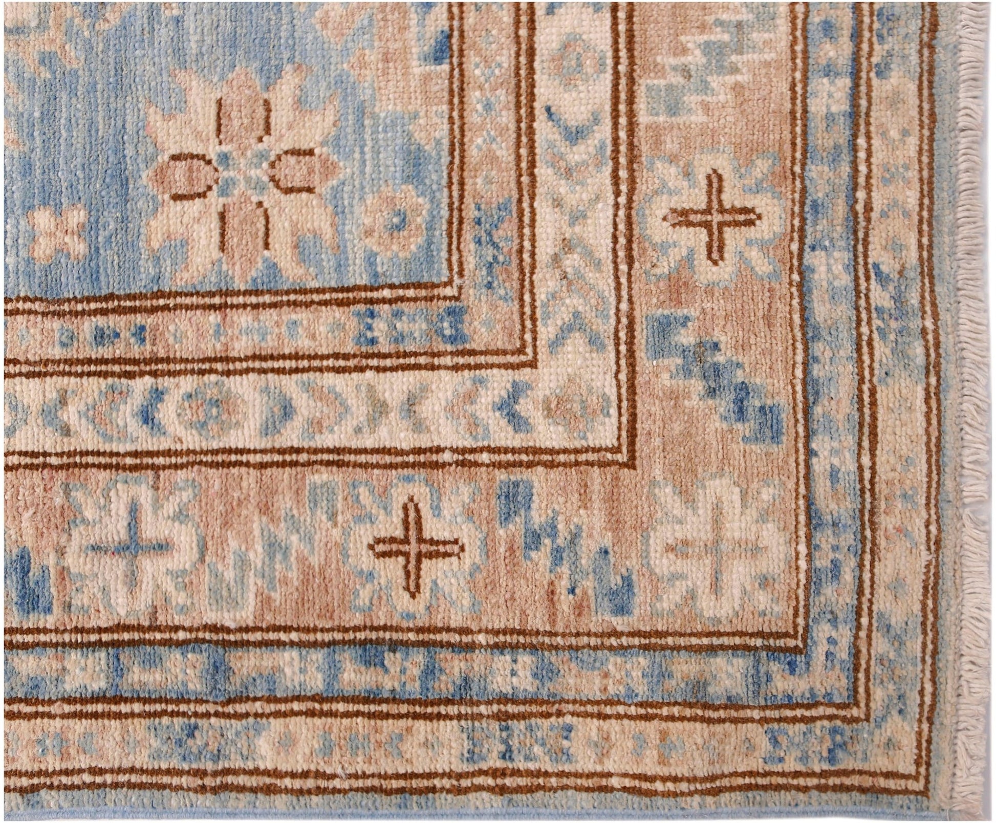 A hand-knotted Afghan Super Kazakh runner featuring traditional geometric motifs in blue and beige.