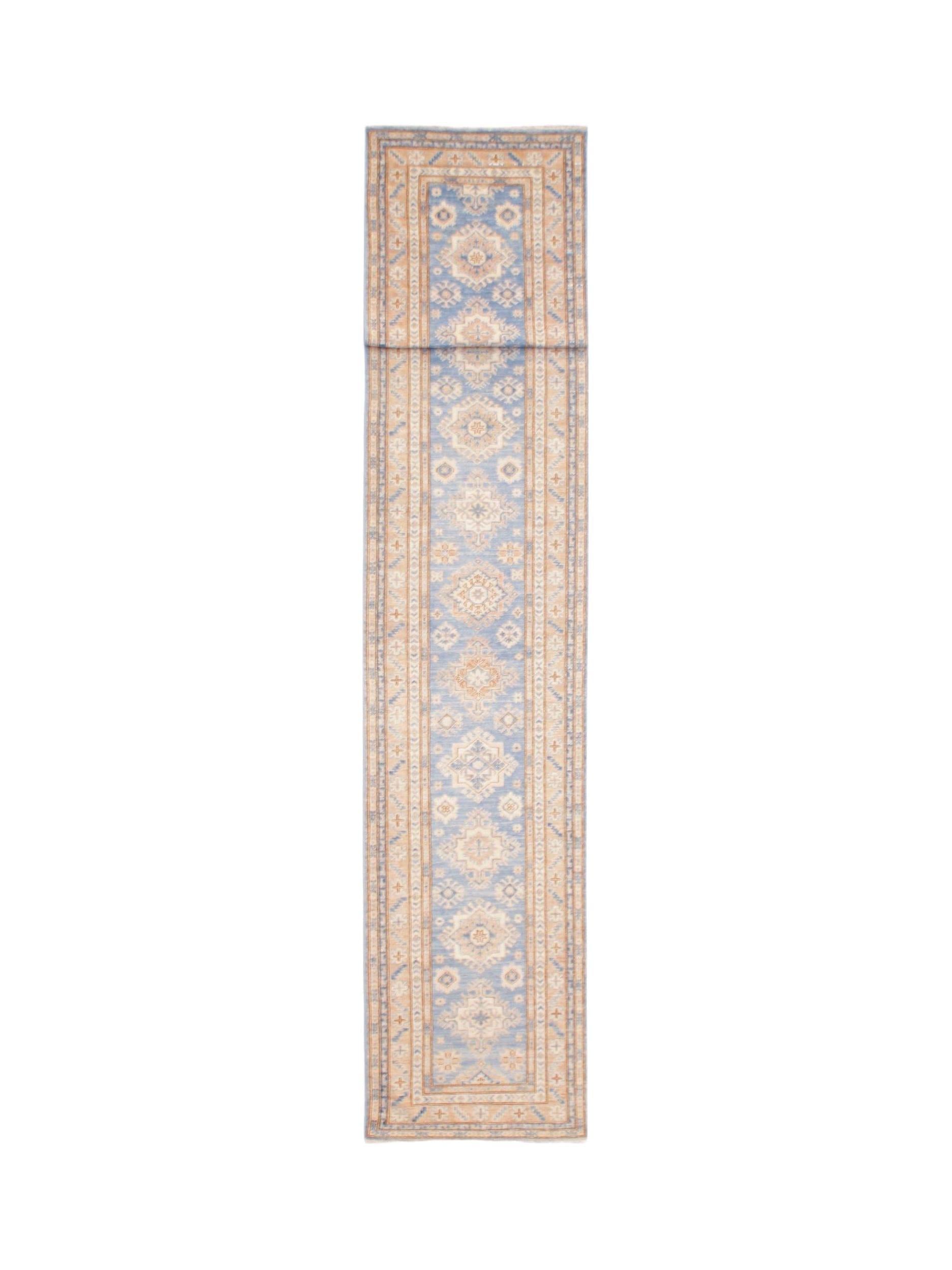 An Afghan Super Kazakh runner rug featuring traditional geometric motifs in blue and beige tones.