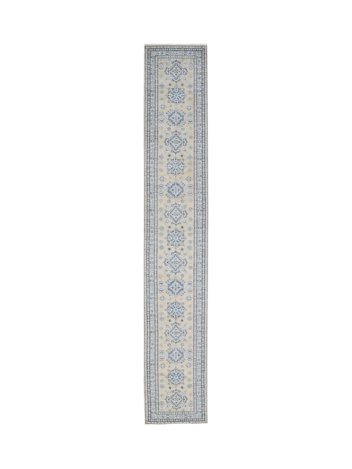 A handmade Afghan Super Kazakh runner rug featuring traditional blue geometric motifs on a beige base.