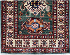 An Afghan Super Kazakh runner rug featuring traditional geometric motifs in red, blue, and cream.