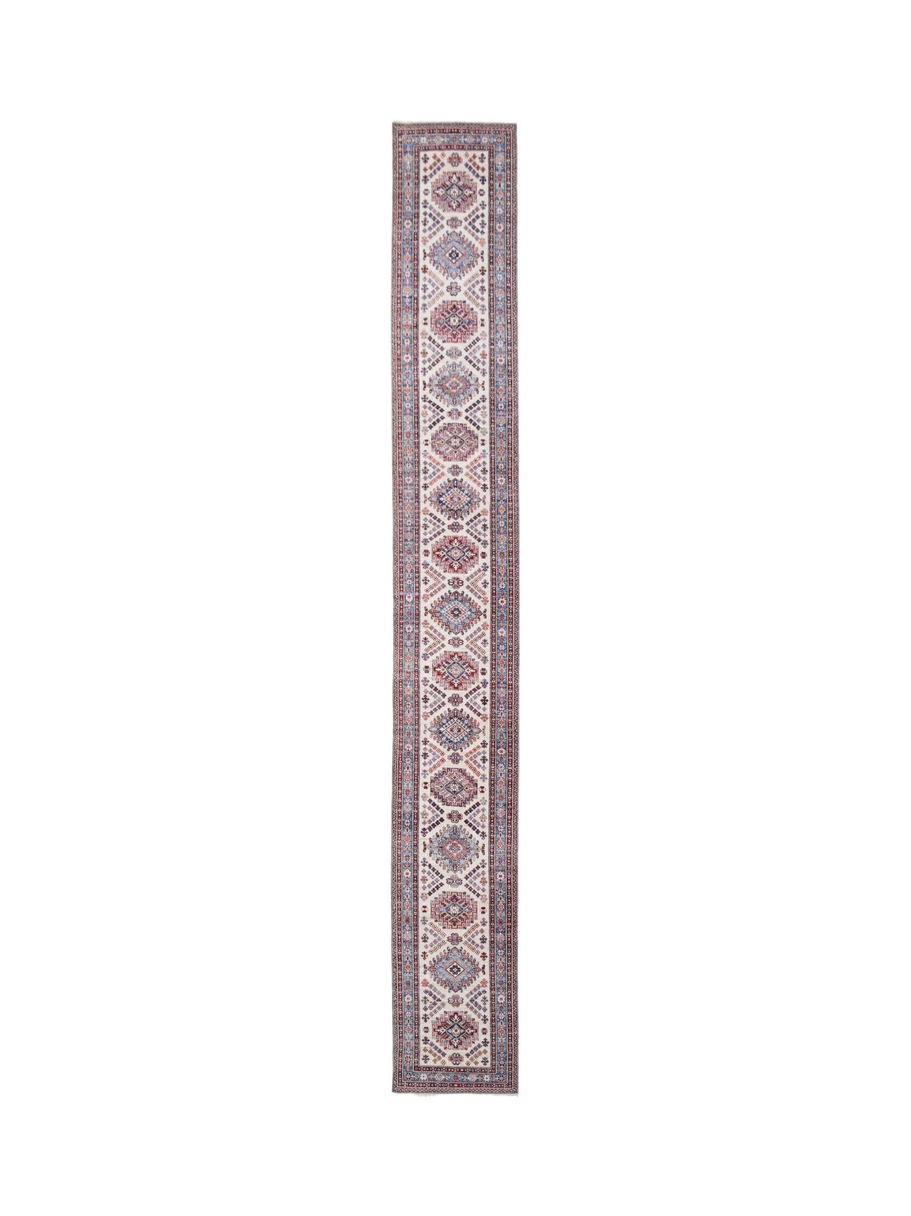 A long, handmade Afghan Super Kazakh runner rug featuring repeating geometric medallions in wool.