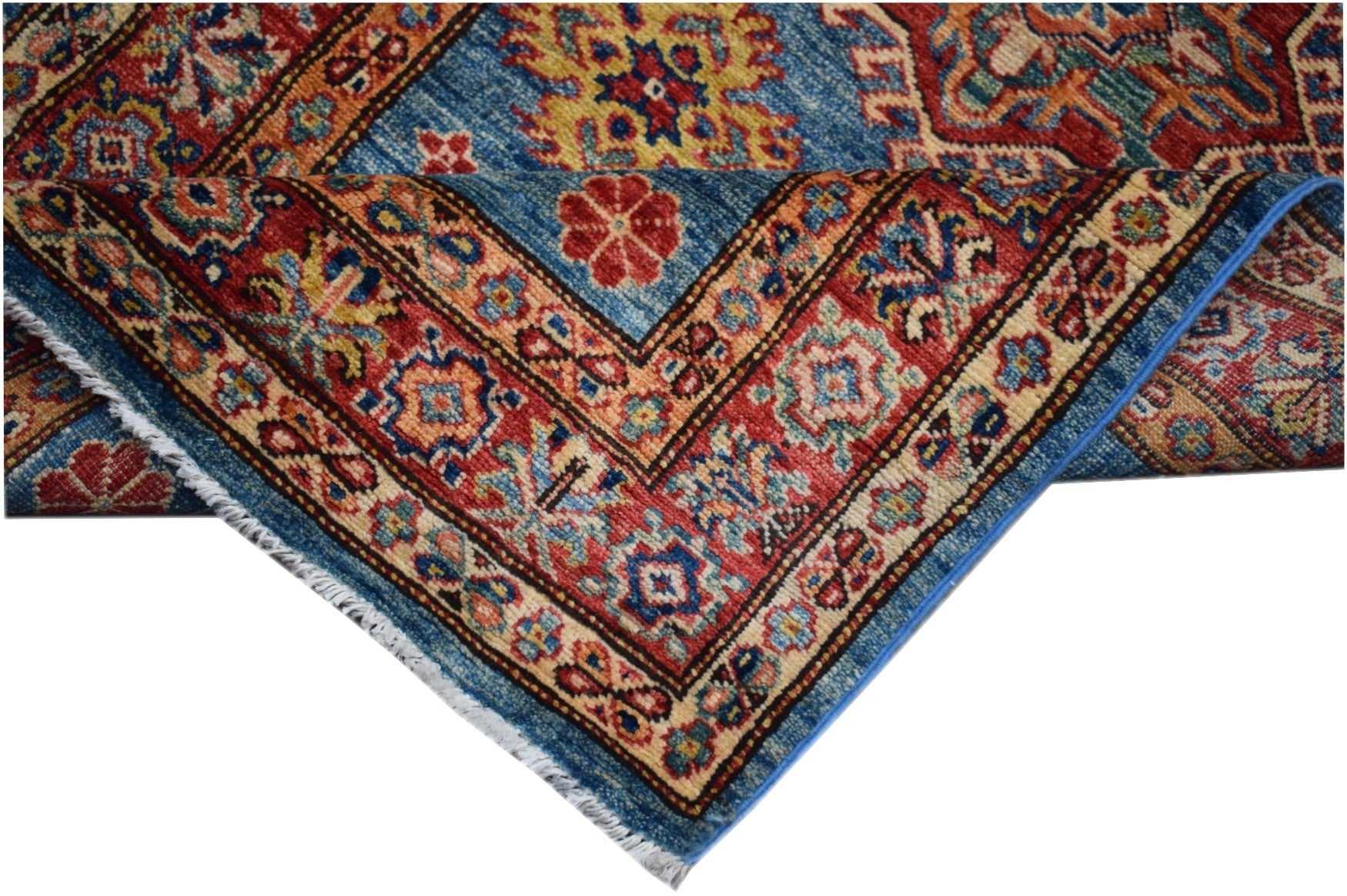 An Afghan Super Kazakh runner rug featuring a blue field with traditional red and gold patterns.