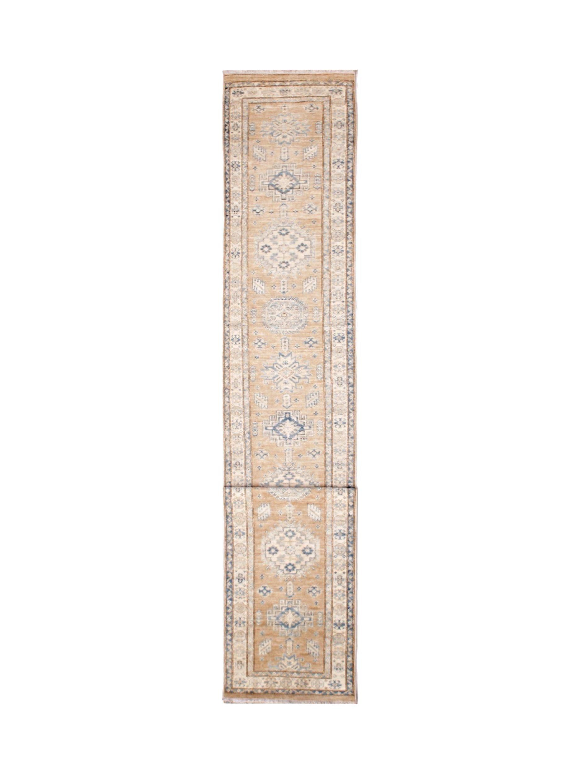 An Afghan Super Kazakh runner rug featuring traditional geometric motifs in blue and beige tones.