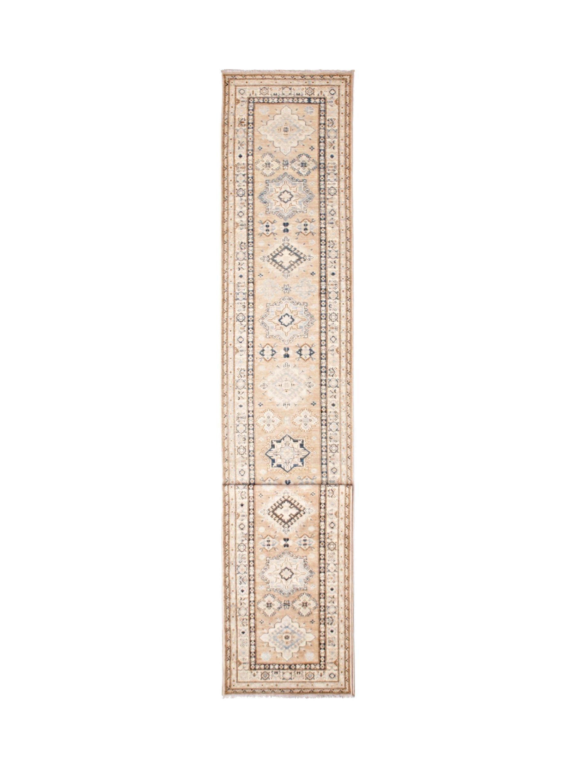 An Afghan Super Kazakh runner rug featuring traditional geometric motifs in beige and blue tones.