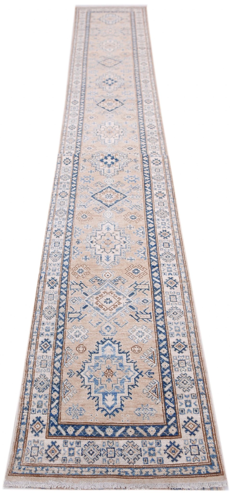 A long, handmade Afghan Super Kazakh runner rug featuring traditional blue and beige geometric motifs.