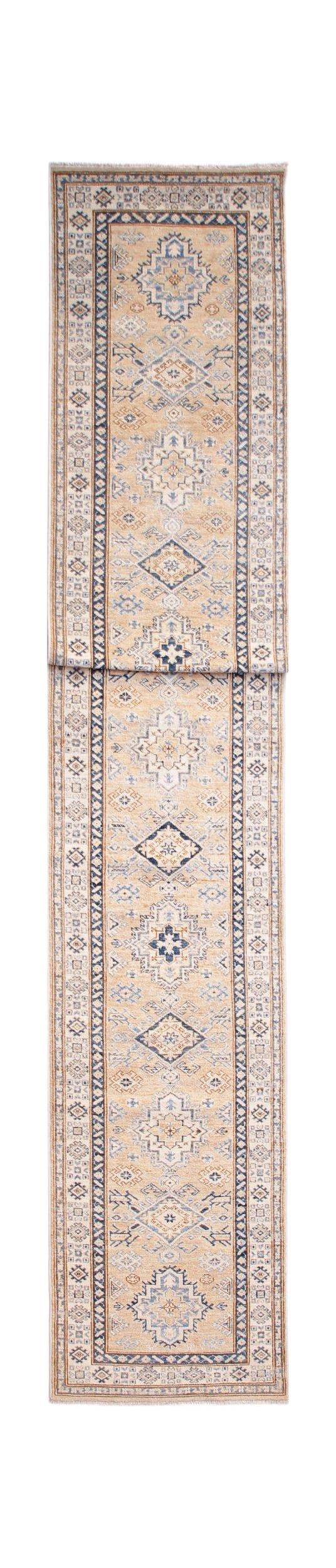 A long, handmade Afghan Super Kazakh runner featuring traditional geometric motifs in beige and blue.