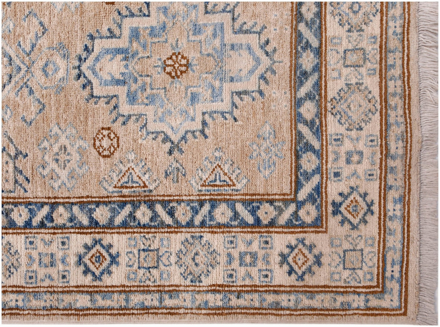 Handmade Afghan Super Kazakh runner featuring traditional blue and brown geometric motifs.