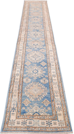 A long, handmade Afghan Super Kazakh runner rug featuring traditional blue and beige geometric motifs.
