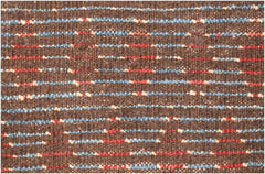 A brown hand-knotted wool rug featuring horizontal stripes of blue, red, and cream accents.