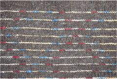 A dark brown hand-knotted Afghan wool rug featuring horizontal stripes of red, blue, and cream.