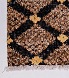 Handmade Afghan Yekta rug featuring a black cotton base with textured brown and yellow diamond patterns.