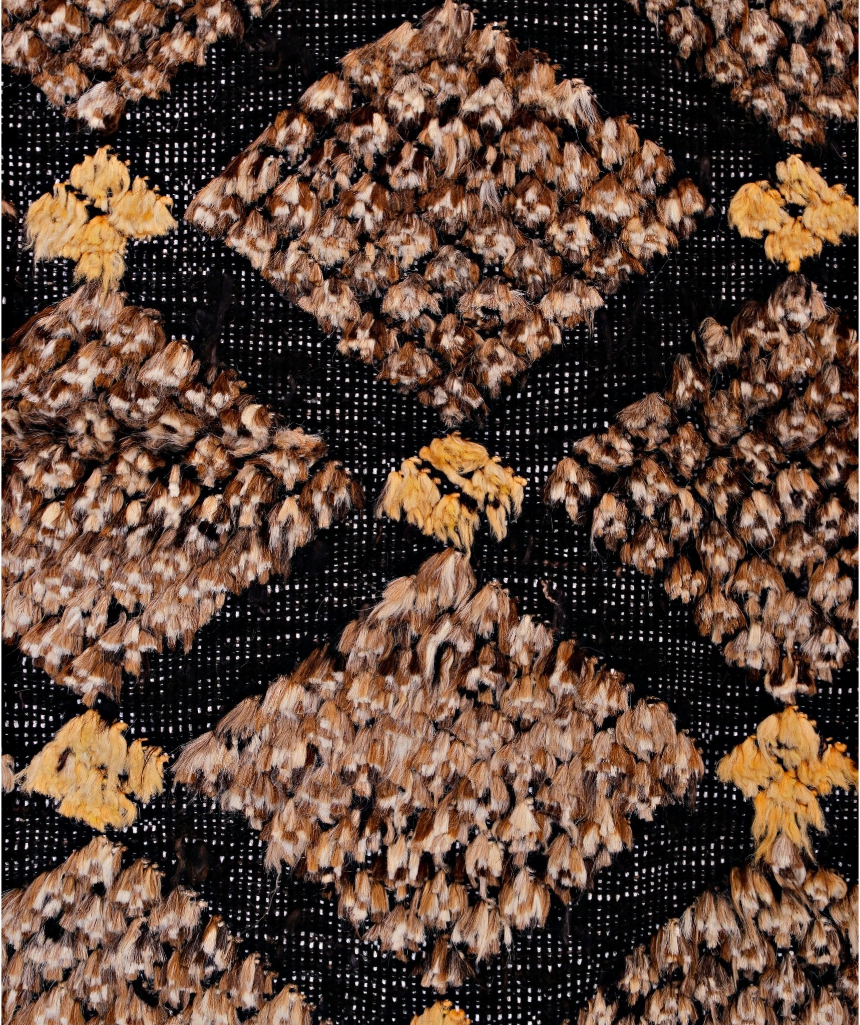 Handmade Afghan Yekta rug featuring a black cotton base with textured brown and yellow patterns.