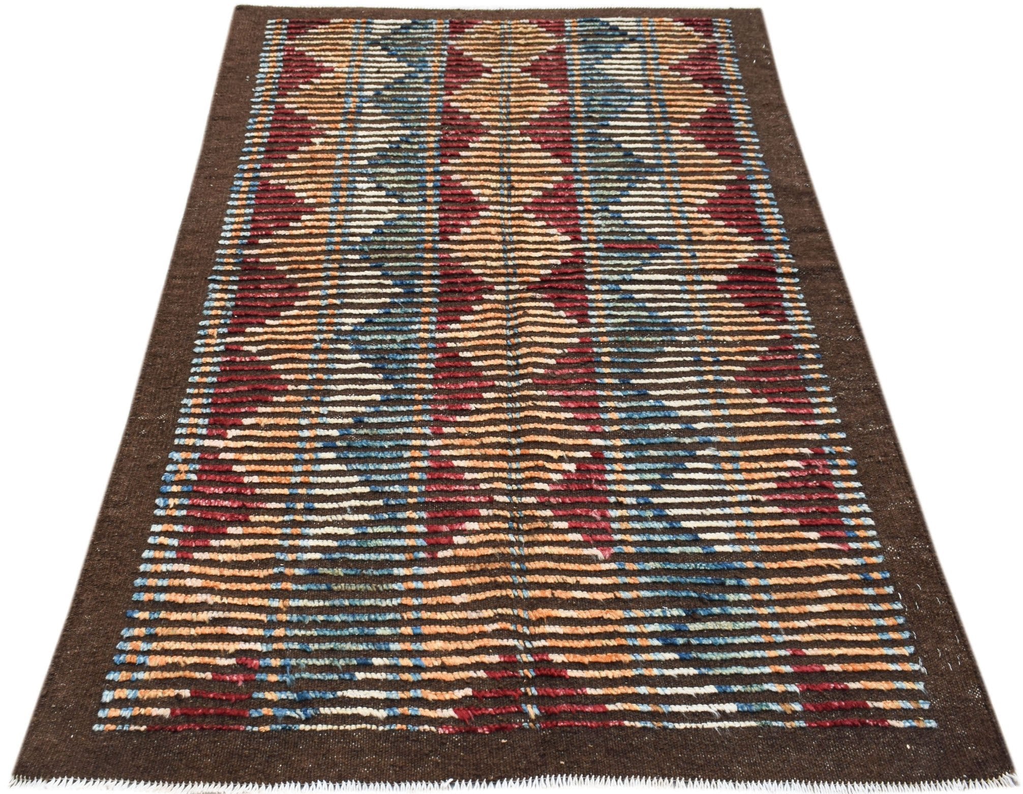 An Afghan Yekta rug featuring a geometric pattern of colorful horizontal stripes on a brown field.