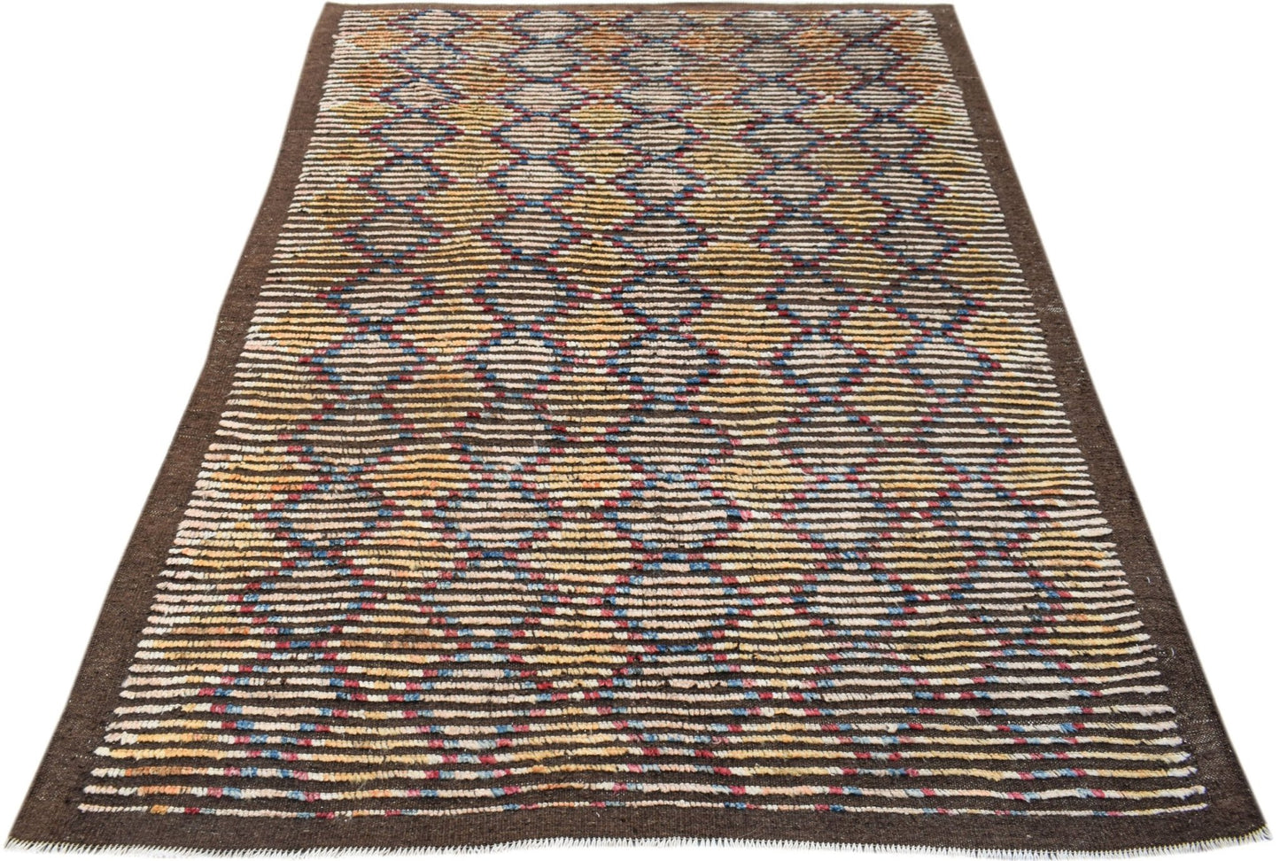 An Afghan Yekta rug featuring a brown background with a colorful, geometric diamond pattern.