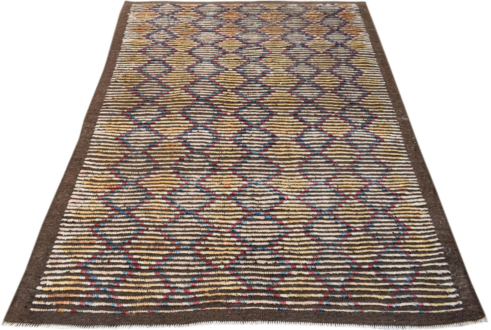 An Afghan Yekta rug featuring a brown background with a colorful, geometric diamond pattern.