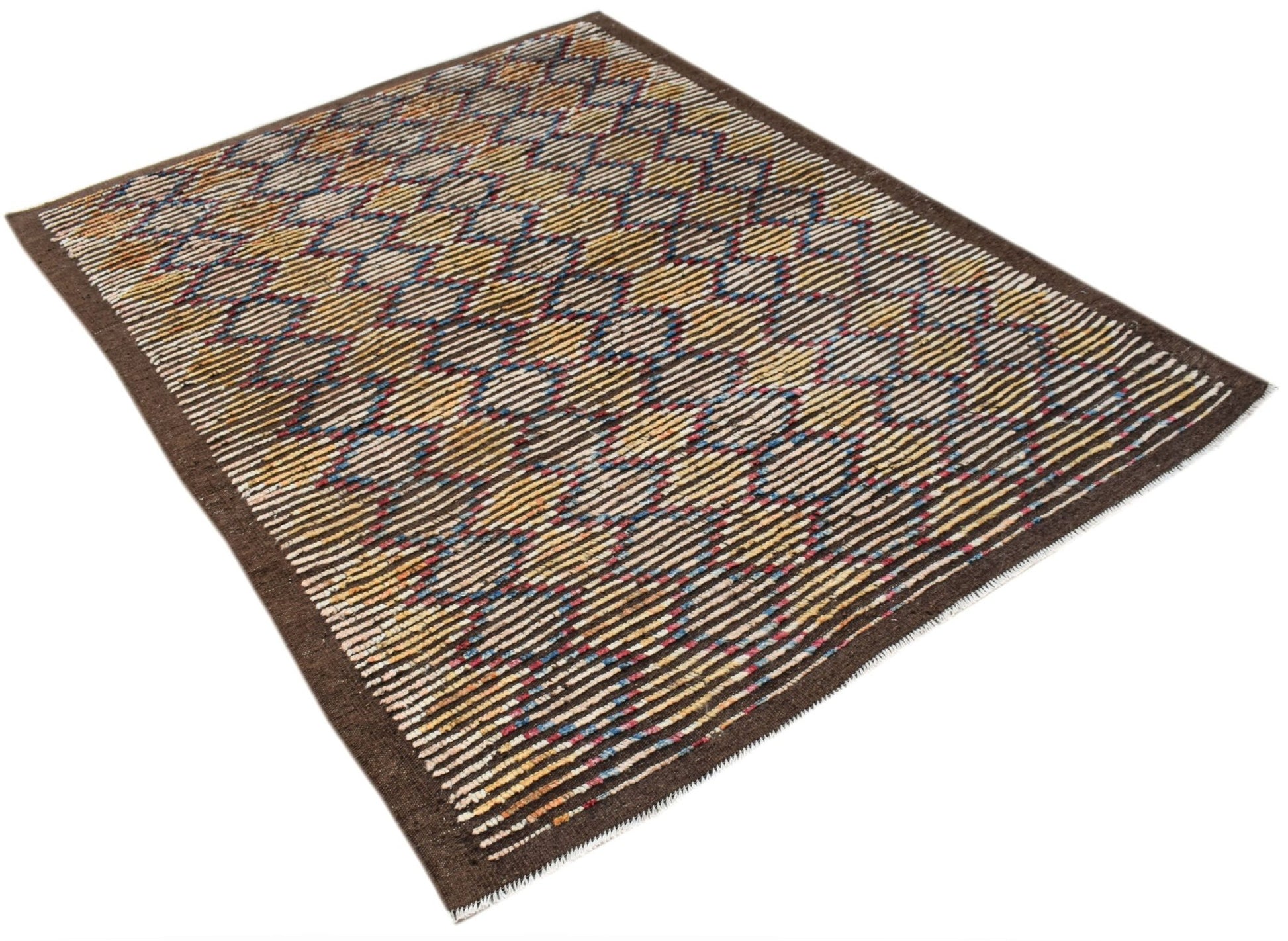 An Afghan Yekta rug featuring a geometric pattern of multicolored diamonds on a brown background.