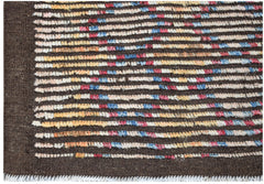 An Afghan Yekta rug featuring horizontal stripes of multicolored wool on a dark brown background.
