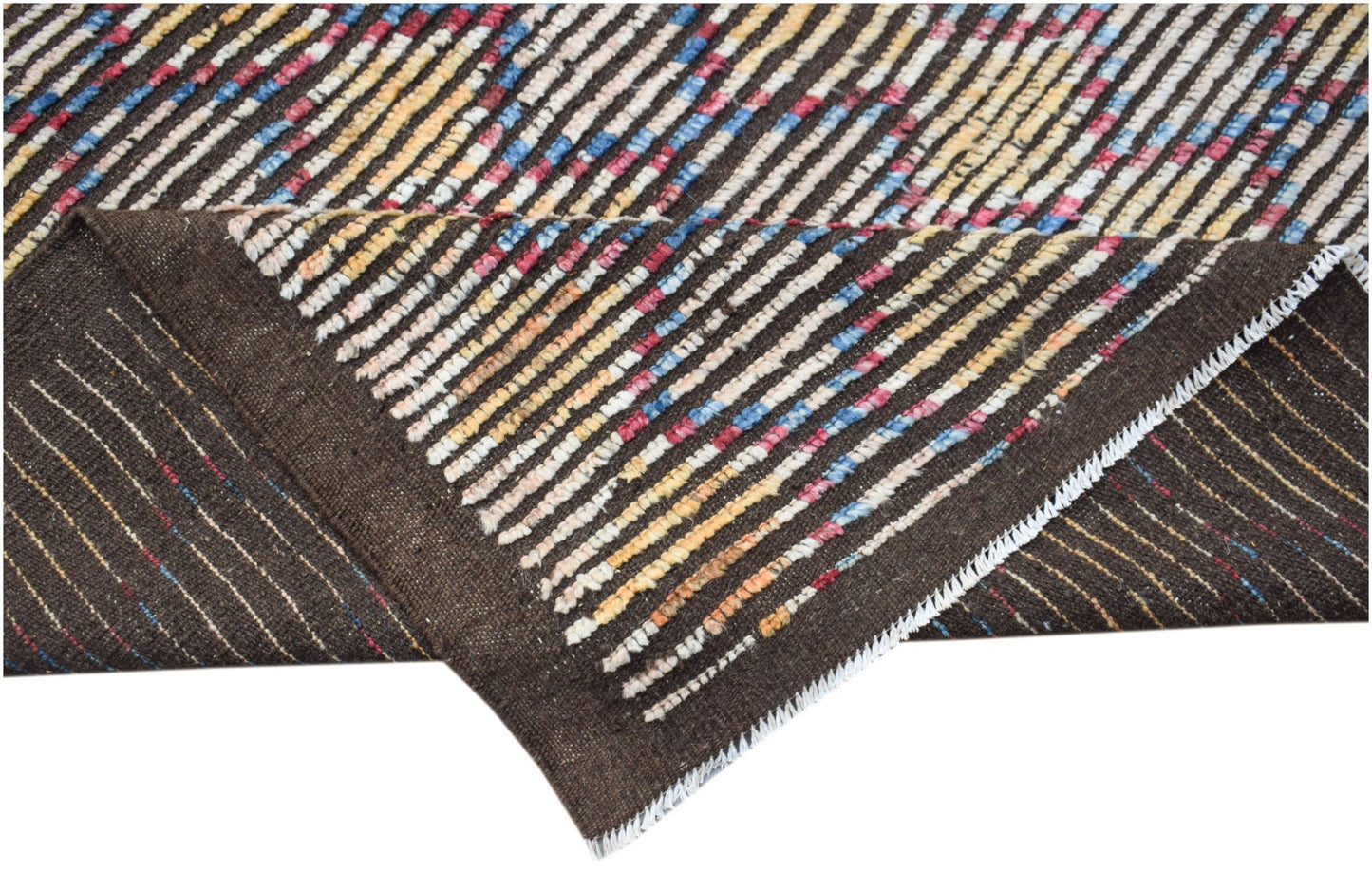 A hand-knotted Afghan wool rug featuring a dark brown base with colorful striped patterns.
