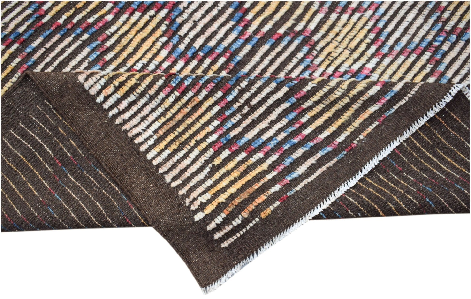 A hand-knotted Afghan wool rug featuring a dark brown base with colorful striped patterns.